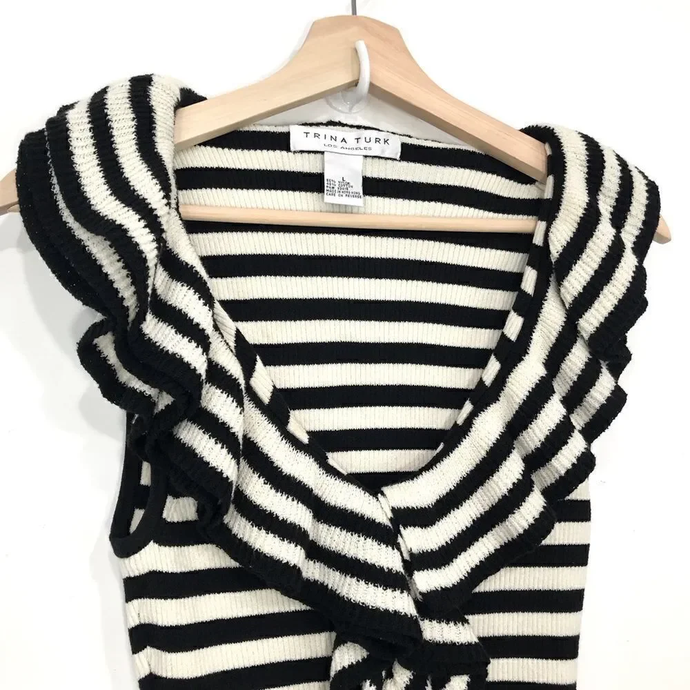 Trina Turk Black White Striped Quill Sleeveless Ruffle Neck Knit Top